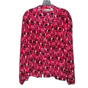 Vintage Worthington Pink Barbiecore Geometric Print Button Down Silk Blouse